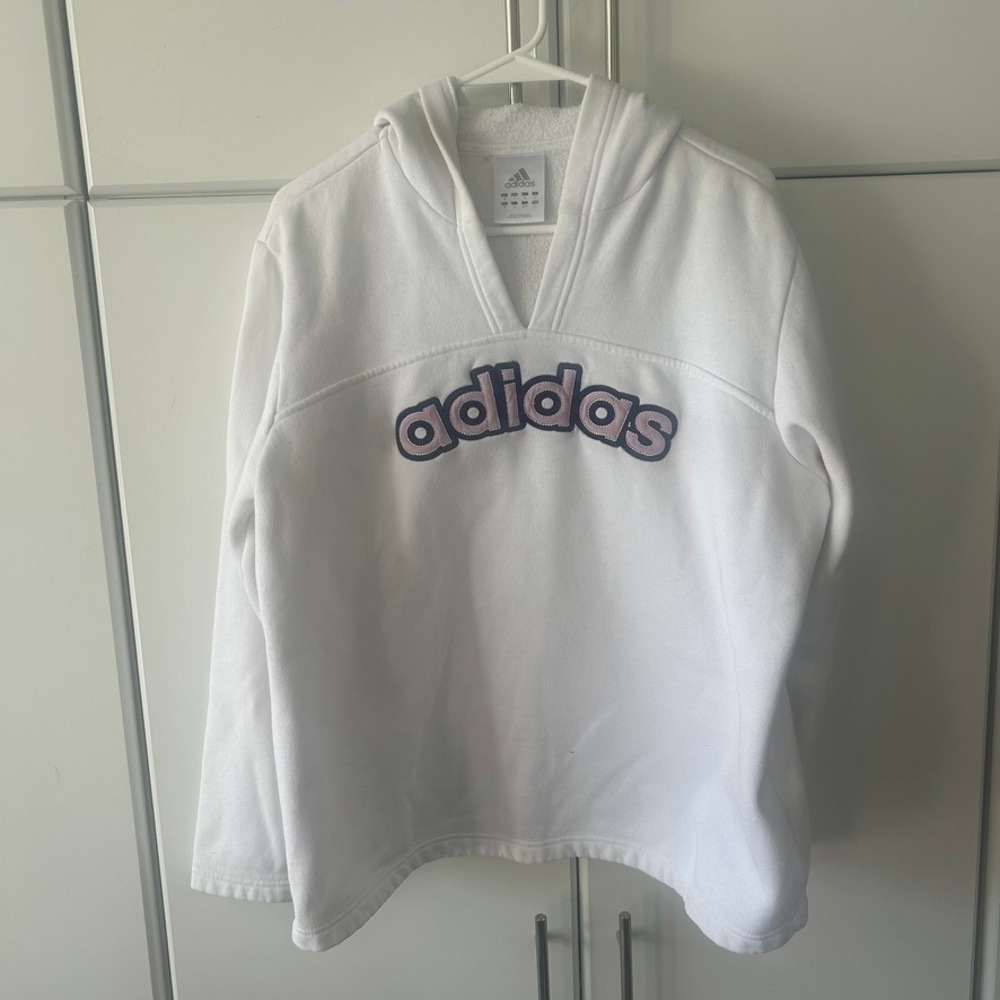 Adidas Womens White Fleece V-Neck Hoodie Arched Logo Pullover Sweatshirt Large